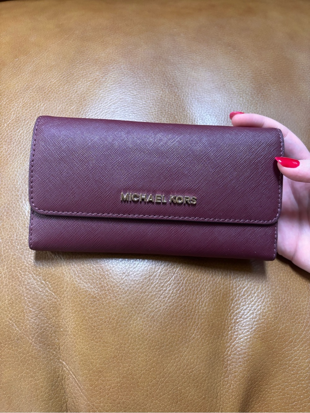 Michael Kors Wine Saffiano Leather Flap Wallet with Gold Logo